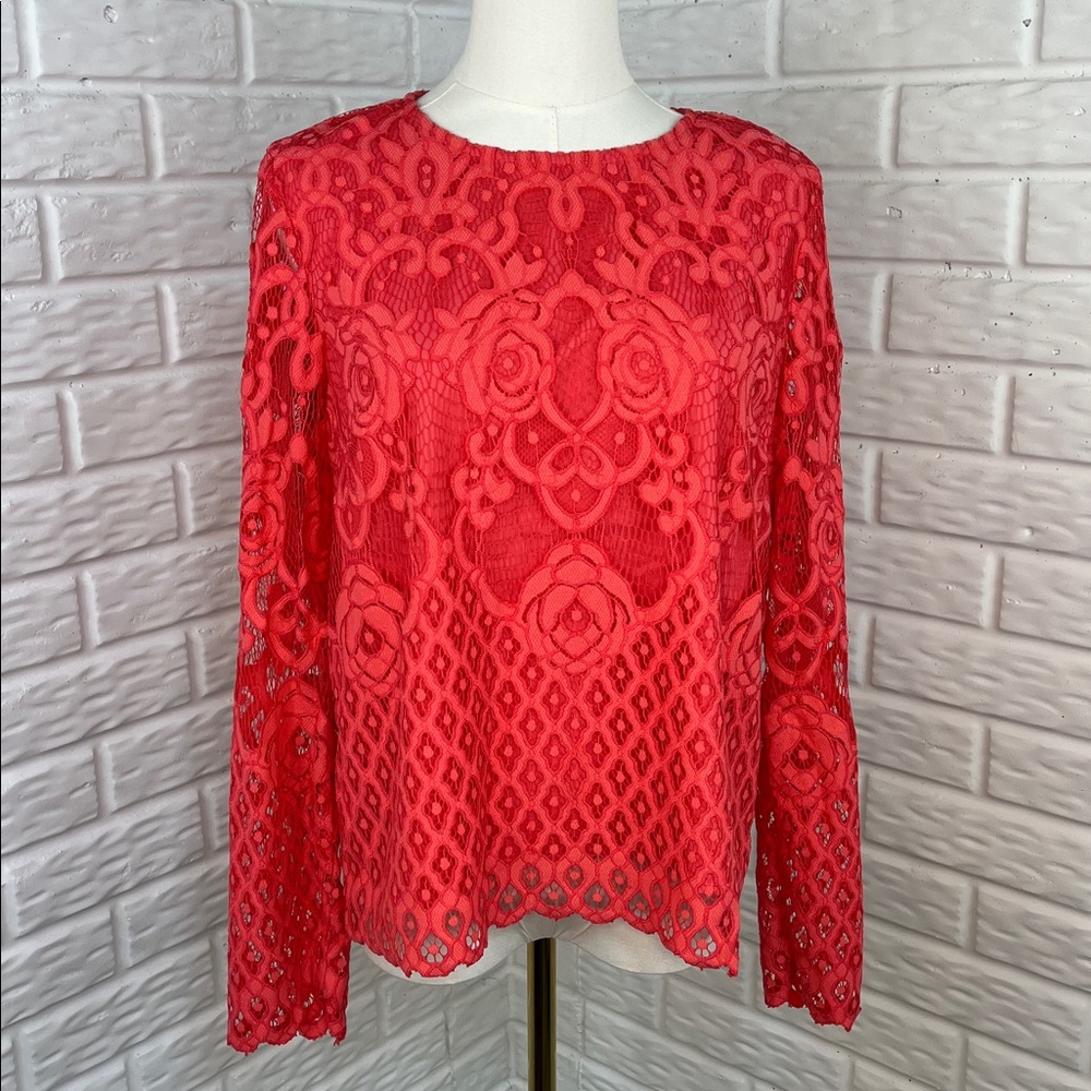 ANTHROPOLOGIE MOULINETTE SOEURS APPLIQUÉ LACE LINED BLOUSE CORAL COLOR SZ MED